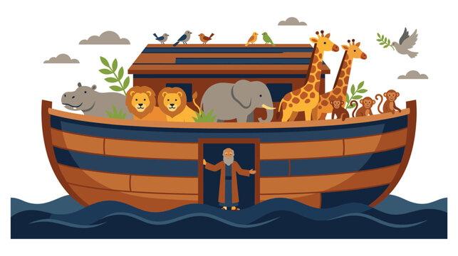 Noah ark illustration with pairs of animals and peaceful dove.