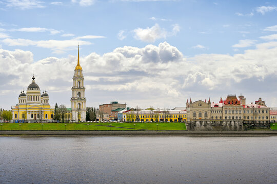 Panorama of the Rybinsk Cathedral and Museum-Reserve buildings with the Volga River on a summer day, Yaroslavl region of Russia