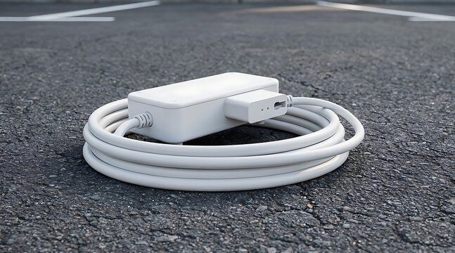 White electronic power adapter cable on asphalt.
