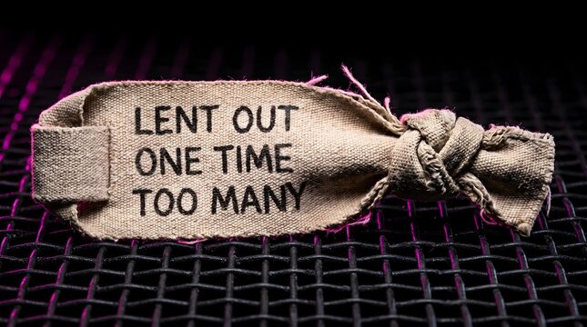 Metaphorical image of a frayed canvas tag tied in a knot with the text 'LENT OUT ONE TIME TOO MANY', symbolizing burnout, exhaustion, and being overused on a dark mesh background.