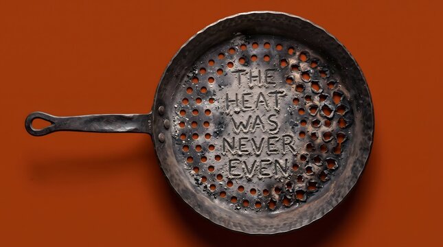 Metaphorical image of a scorched perforated metal pan with the text THE HEAT WAS NEVER EVEN written in ash, symbolizing social inequality and unfair life circumstances.