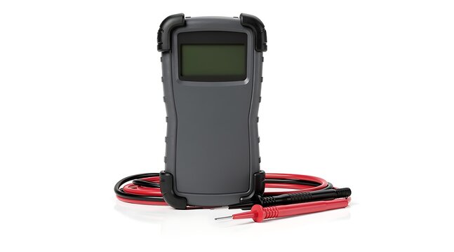 Digital multimeter with red and black test leads.
