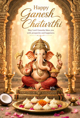 Obraz premium Beautiful Lord Ganesha statue with offerings and decorations for Ganesh Chaturthi festival celebration