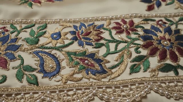 Intricate floral embroidery with gold thread and pearls on silk