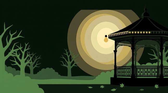 Stylized flat vector illustration of a park gazebo at night with a single glowing light bulb casting concentric circles of light amidst silhouetted leafless trees and fallen leaves.