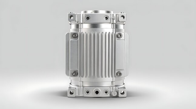 Silver metal industrial mechanical gearbox component device.