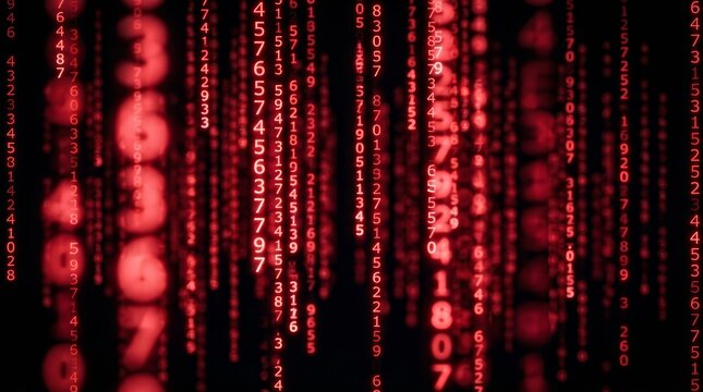 Abstract red numeric data stream and coding sequences on a dark digital background.