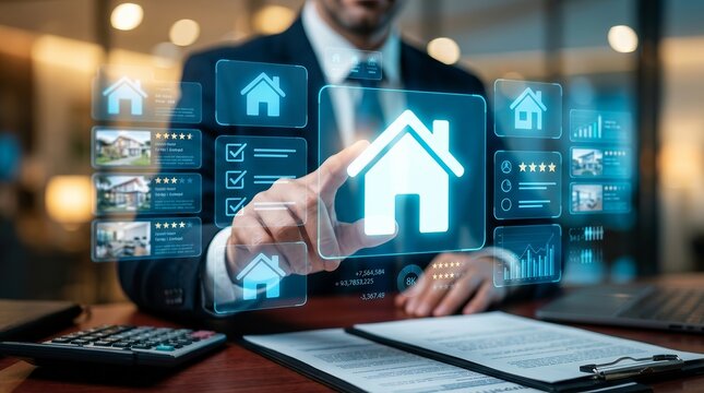 Real estate technology concept showing a house icon and online mortgage smart contracts on a laptop.