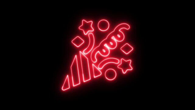 Red neon party popper icon with confetti stars and circles on dark background.