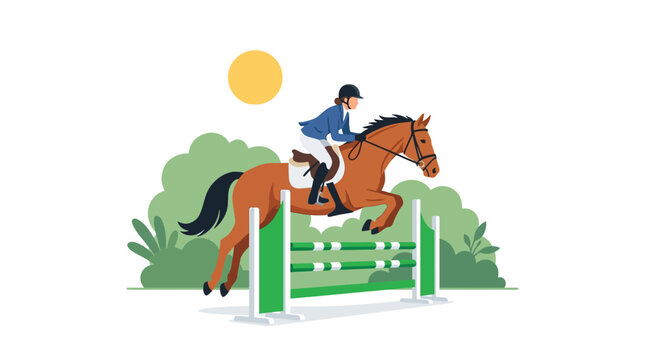 Flat vector illustration of a female equestrian rider on a brown horse jumping over a green hurdle during a show jumping competition with a sunny sky and stylized green bushes.