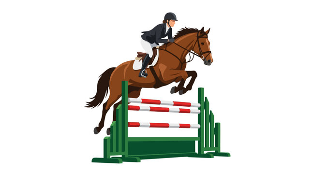 Professional female rider on a bay horse performing a show jumping leap over a red and white hurdle fence, isolated on white background, minimalist equestrian sport vector illustration.