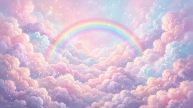 Iridescent gradient backdrop featuring a vibrant rainbow and fluffy clouds in a pink fantasy sky.