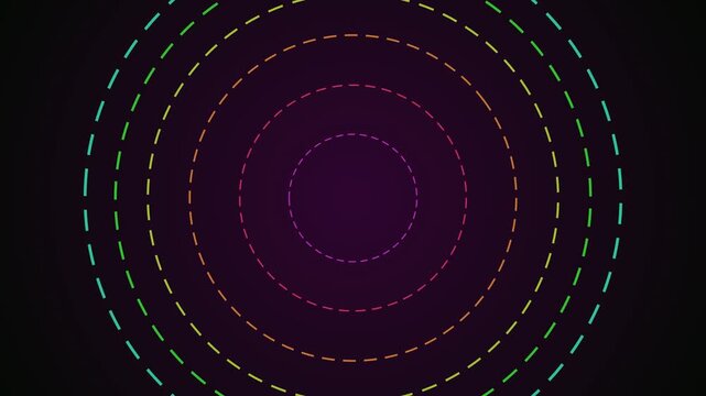 Colorful dashed neon circles rotating on black background