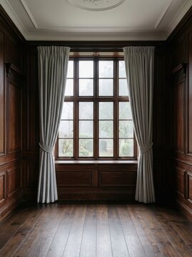 Elegant Interior Room with Dark Wood Paneling and Large Window with Grey Curtains Overlooking a Misty Garden