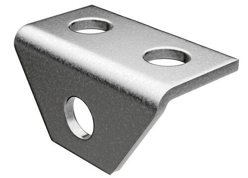 high-quality realistic 3d render of a 90 degree steel reinforced alloy frame corner galvanized metal angle bracket with pre-drilled mounting holes for heavy duty construction and hardware assembly