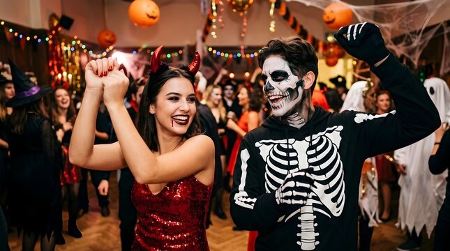 Cheerful young couple wearing devil horns and skeleton face paint dancing at a crowded indoor Halloween party with festive pumpkins and holiday decorations among friends.