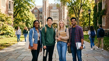 Fototapeta premium A diverse group of happy friends walking along a sunny university campus path.
