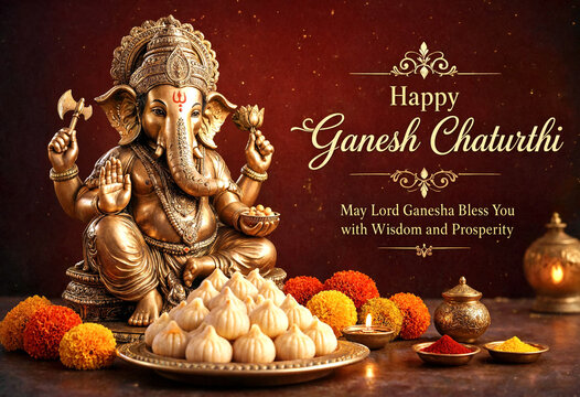 Golden statue of Lord Ganesha with modak sweets and flowers for Ganesh Chaturthi festival celebration