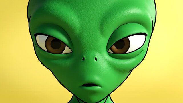 Green alien character blinking and smiling on yellow background