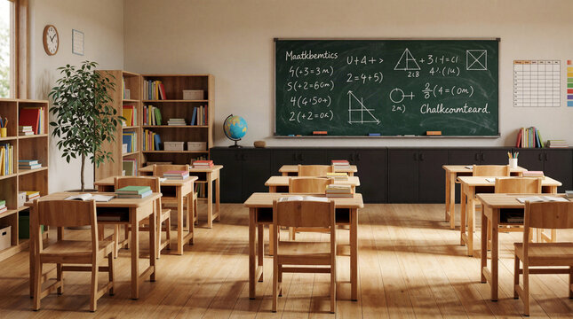 A cozy empty classroom with old wooden desks and chairs.