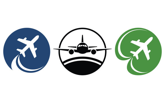 Set of minimalist airplane travel icons and aviation vector emblems with airplane aviation logotype transportation silhouette minimalist vacation aircraft aerospace business