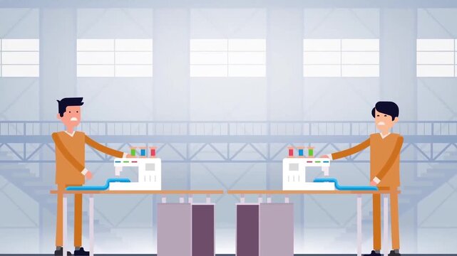 2D Animated Textile Tailors Working on Sewing Machines in Factory Interior Flat Vector Character Animation Footage