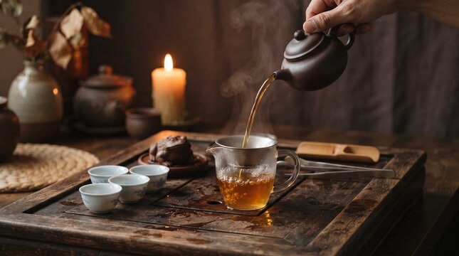 A hand slowly pouring a warm tea infusion from a clay teapot into a glass