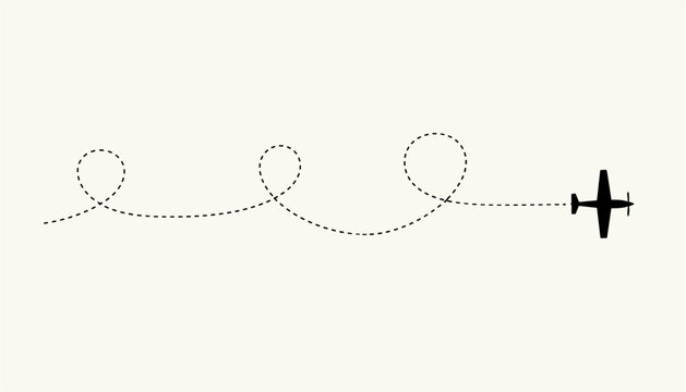 Airplane silhouette traveling from left to right leaves a long dotted flight path trail forming multiple loops across a light cream colored surface area.