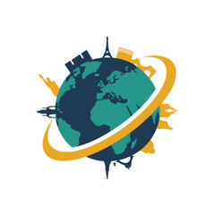 Naklejka premium Earth globe surrounded by a swoosh featuring international city landmark silhouettes. Colorful travel and tourism vector logo concept.