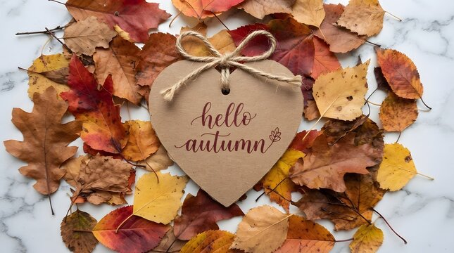 Heart shaped paper tag with hello autumn calligraphy on marble background with colorful leaves