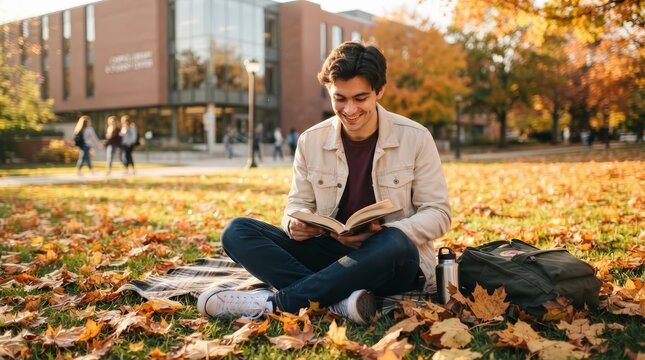Young man sitting on the ground with a backpack enjoying a story novel for college.