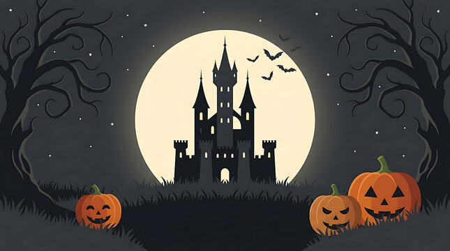 Spooky halloween background featuring a dark castle silhouette with glowing pumpkins and a full moon at night
