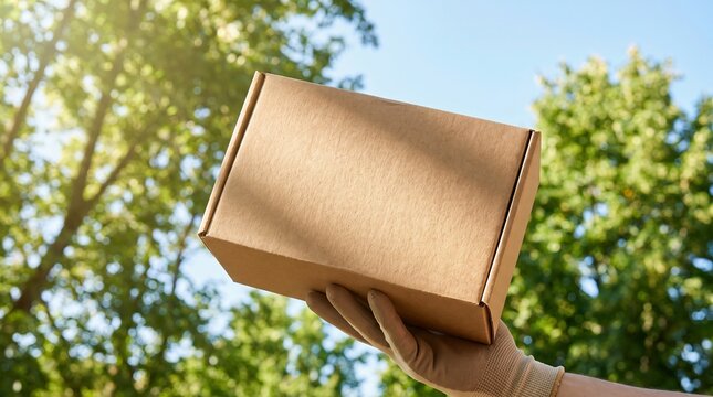 Delivery box held by gloved hand under sunny green trees and blue sky, e-commerce shipping and logistics concept.