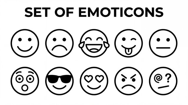 Minimalist line art emoji face icons set of simple black emoticons on white background
