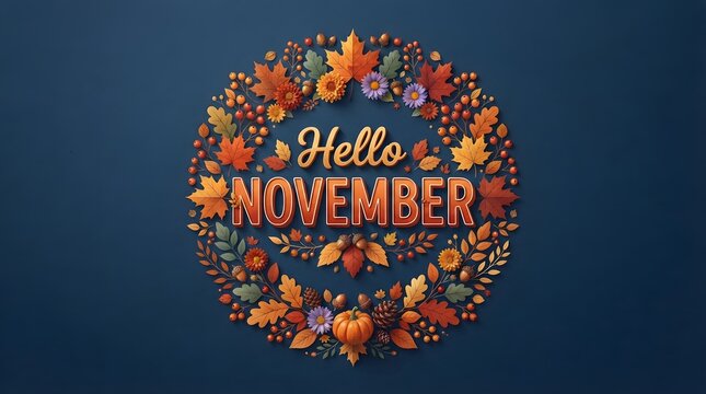 Hello november greeting with autumn leaves wreath, pumpkins, acorns, and berries on blue background