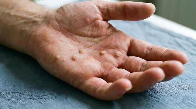Close up of multiple common warts on a human palm, skin condition caused by human papillomavirus HPV