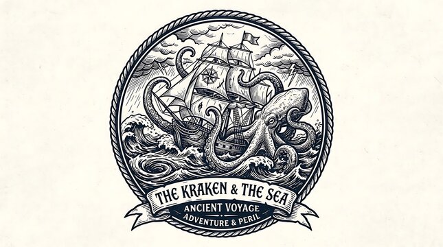 Vintage Nautical Illustration of a Giant Kraken Attacking a Sailing Ship in a Stormy Ocean
