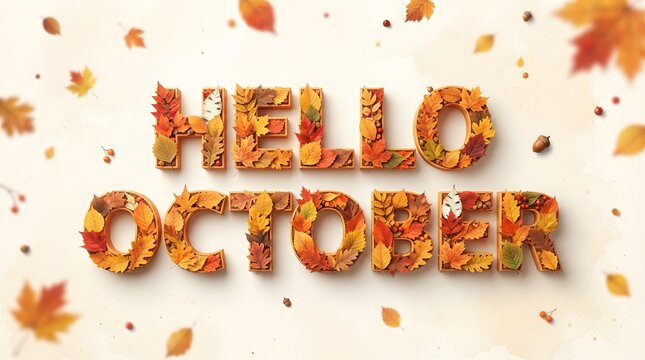 Autumn leaves arranged in the shape of hello october letters on a light background, fall flat lay composition