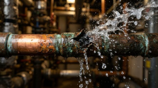 Urgent plumbing repair needed for a burst copper pipe showcasing heavy corrosion and leaks.