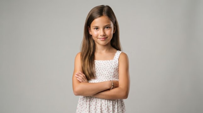 Portrait of a young girl in a floral dress with arms crossed against a gray background.