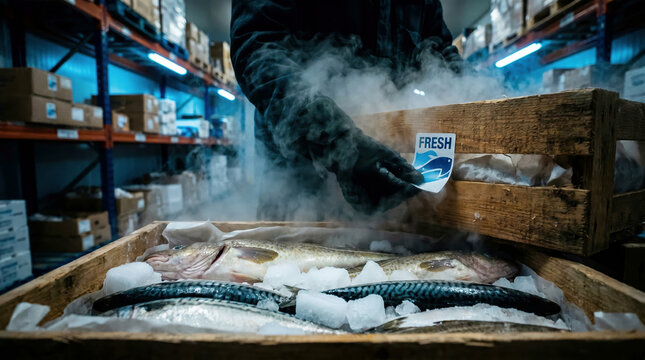 Fresh fish displayed on ice in wooden crate, worker applying 'FRESH' label in cold storage warehouse, seafood distribution and quality control.