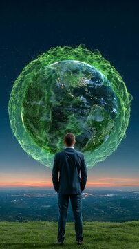 Professional Standing Before Glowing Holographic Earth