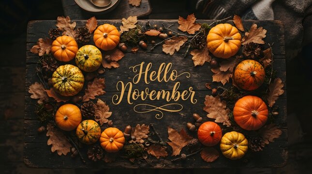 Autumn flat lay composition with hello november text, pumpkins, fall leaves, and pinecones on a rustic wooden background