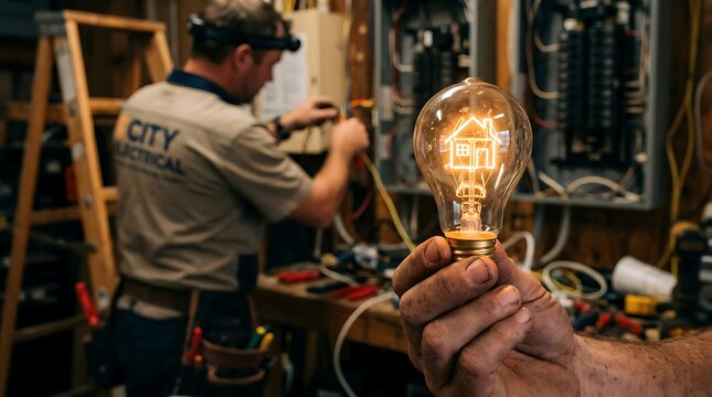 Professional Electrician Repairing Home Panel with Glowing House Filament Light Bulb in Foreground