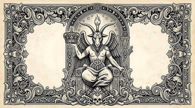 Vintage Engraving of Baphomet on Throne with Occult Symbols Ornate Floral Frame and Mystic Skulls