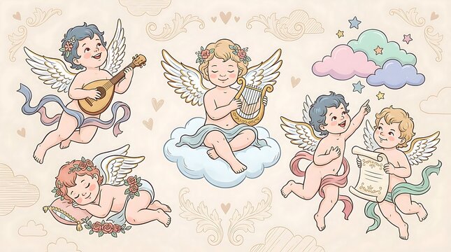 Vintage Style Hand Drawn Vector Illustration Set of Cute Cherub Angels Playing Music and Sleeping