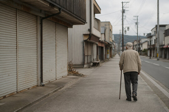 Senior Walking with Cane on Quiet Declining Shopping Street