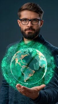 Analyst Interacting with Holographic Earth in Studio