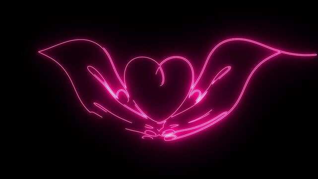 Continuous glowing pink neon line art animation hands holding heart shape black background