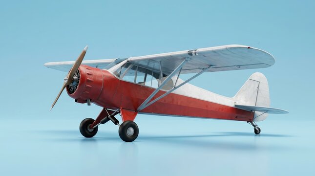 Side view studio shot of a vintage single engine propeller airplane with red and white colors